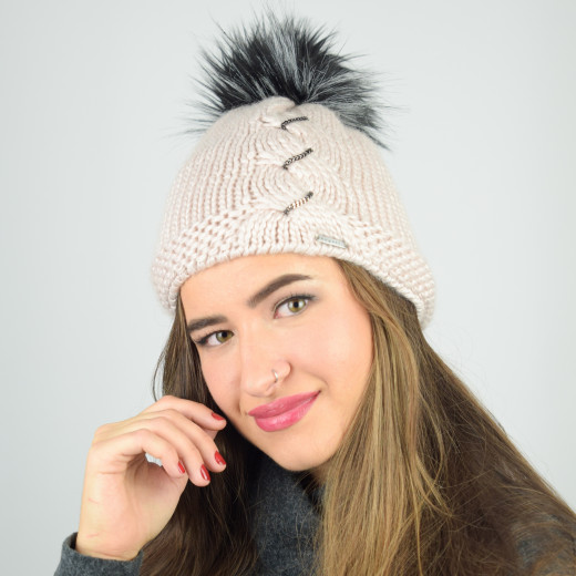 Woll-Feinstrick-Mütze mit Fellbommel Fake fur und Baumwoll-Futter von MaxiMo 